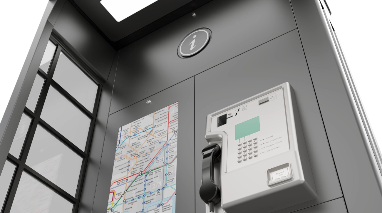 Amscreen Next Generation Telephone Kiosk. Industrial Design by Form Foundry